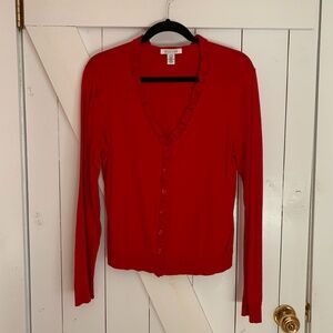 Button Down V-Neck Cardigan Sweater Red Ruffle Church Librarian Academia Style